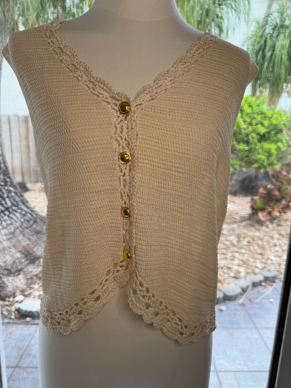Anniewear Cream Crochet-Trim Knit Button Front Vest - NWT